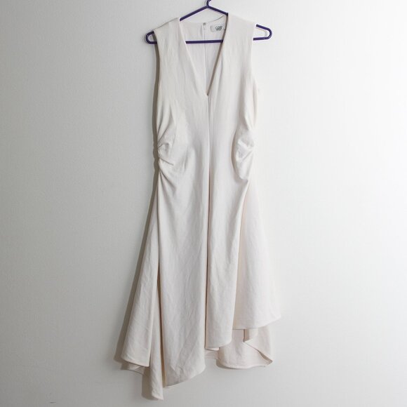 COS Gathered Asymmetric Midi Dress White V-Neck Ruched Cinched Sleeveless Small - Picture 3 of 16